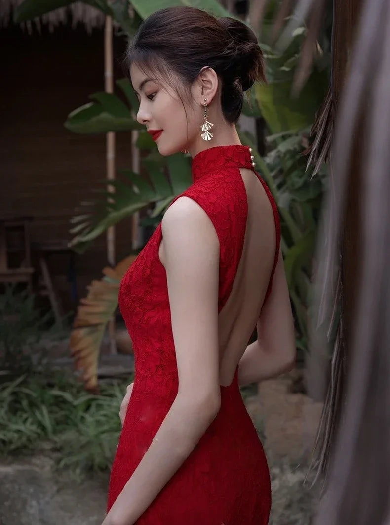 Modern Red Lace Open-Back Qipao Cheongsam Dress