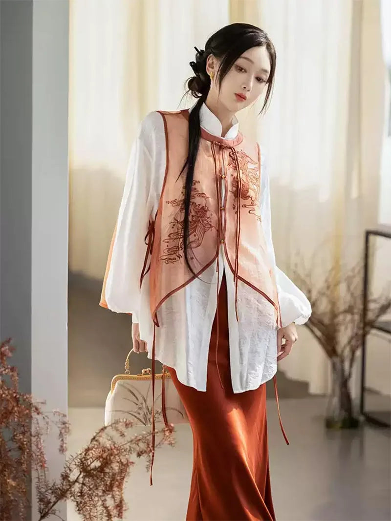 Modernised hanfu with embroidered vest, mandarin collar shirt, and fishtail skirt in orange autumn style