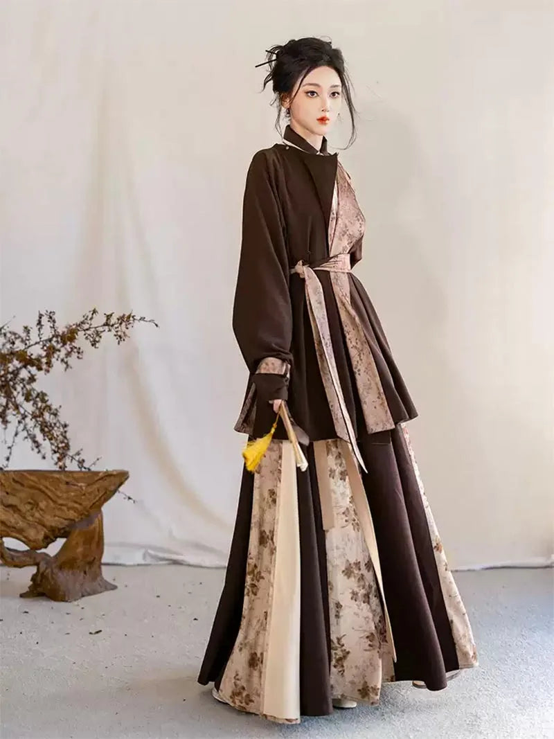 Modernized Hanfu reversible Tang-style round collar robe in Maillard tones with stand collar, chic daily winter wear