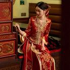 Modernized V-Neck Chinese Wedding Xiu He Qun Kwa Dress | Crimson Elegance