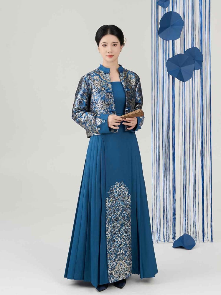 Chinese Jacket and Dress 2-Piece Set with Lotus Embroidery