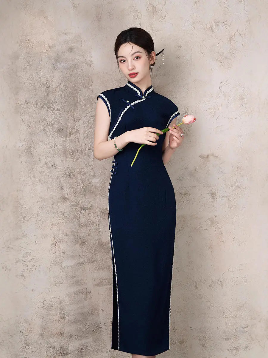 Navy Blue Cap Sleeves Jacquard Cotton Qipao Dress