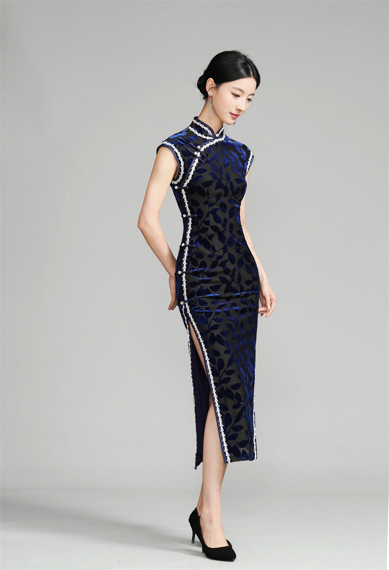 Navy Blue Velvet Lace Trim Long Qipao Dress