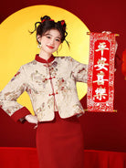 New Chinese Qipao two-piece set with floral top and high-waist red skirt