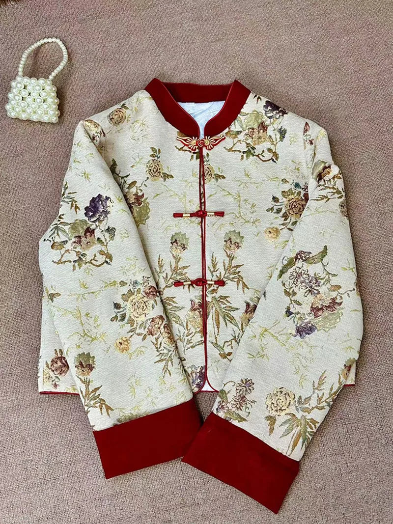 New Chinese Qipao two-piece set with floral top and high-waist red skirt