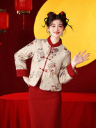 New Chinese Qipao two-piece set with floral top and high-waist red skirt