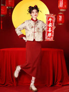 New Chinese Qipao two-piece set with floral top and high-waist red skirt