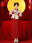 New Chinese Qipao two-piece set with floral top and high-waist red skirt