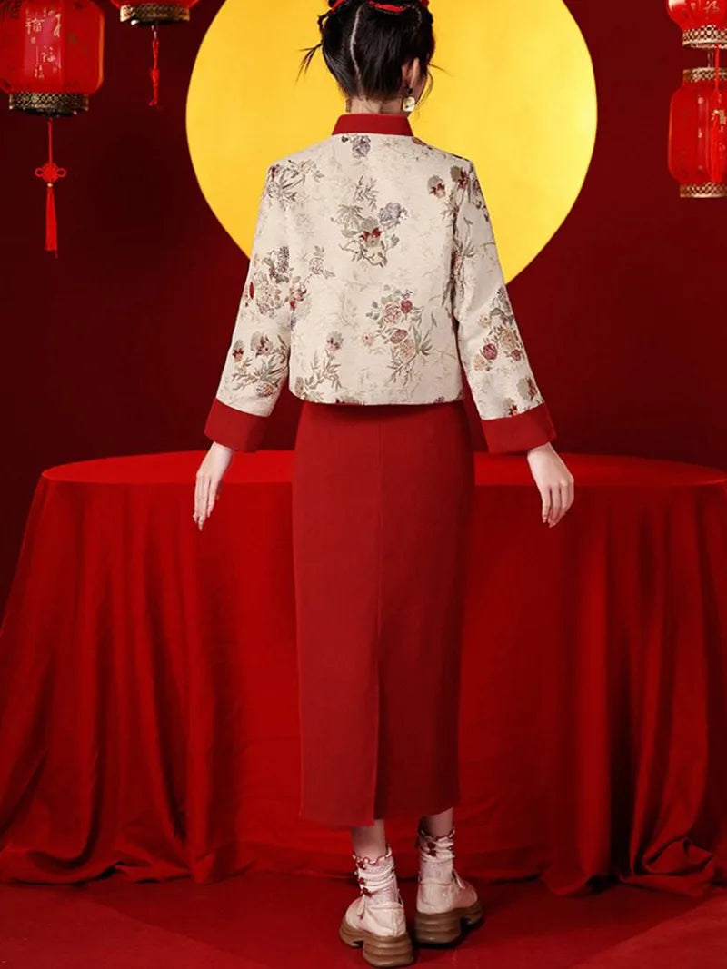 New Chinese Qipao two-piece set with floral top and high-waist red skirt