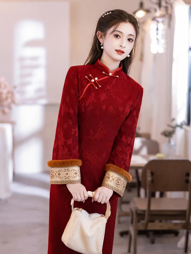 cheongsam dress long sleeve New Year The Mills At Jersey Sleeve Type:Long Sleeve Spring 2024 Sleeve Length(cm) Color:WOLF BLUE