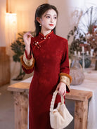 Red fleece-lined New Year Cheongsam Dress with fitted waist, vintage charm and elegant neckline design