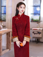 Red fleece-lined New Year Cheongsam Dress with fitted waist, vintage charm and elegant neckline design