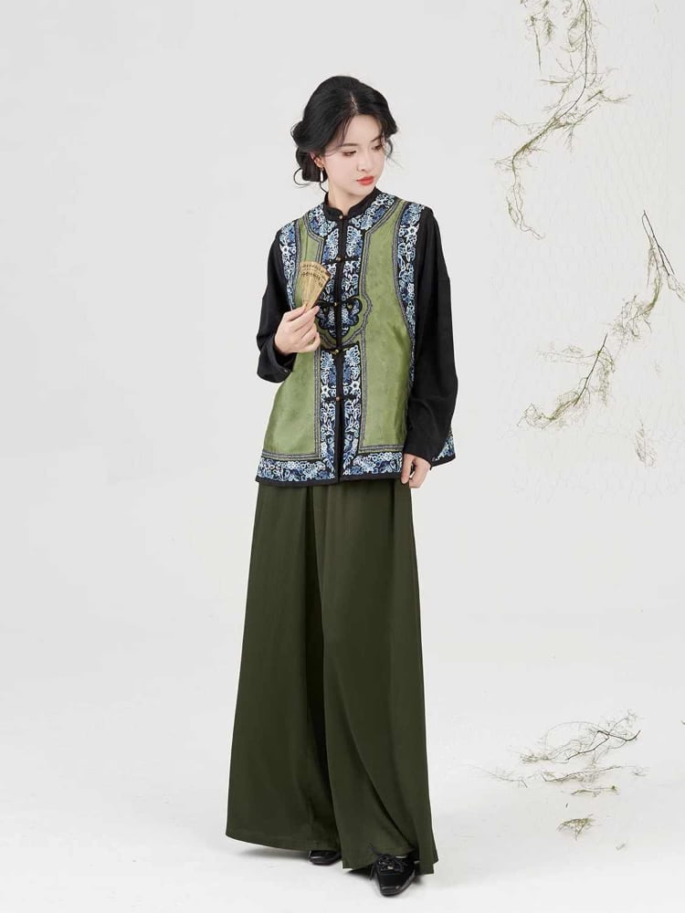 Embroidered Hanfu 3-Piece Vest Set with Wide-Leg Pants