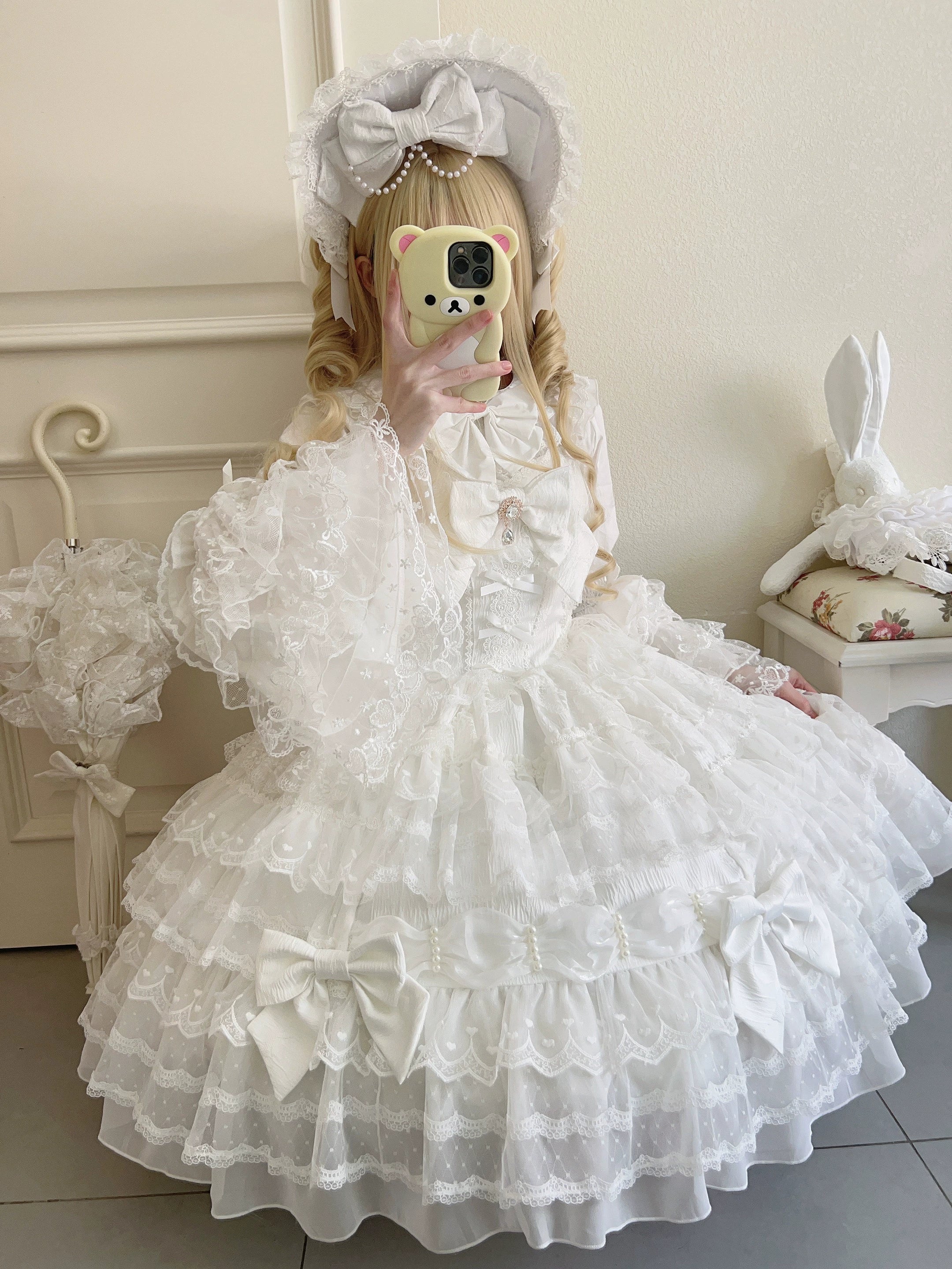 Dream Prelude - Dreamy Princess Lolita JSK Dress Suit, Tiered Lace Black
JSK + Back Trailing Bow S