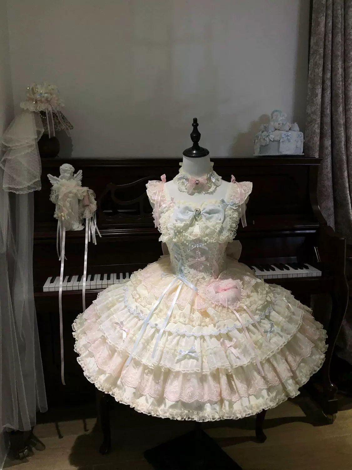 Cloud Whale Dream - Sweet Lolita Corset JSK Dress, Tiered Hem & Bows