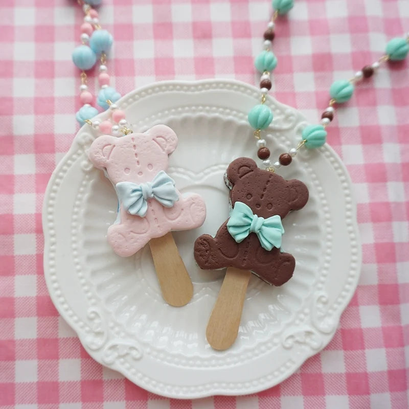 Kawaii Lolita Necklace Bear Biscuit Ice Cream Handmade Clay Necklace
