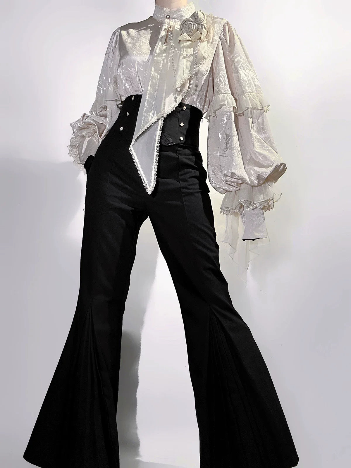 Rose and Sword - Ouji Lolita Jacquard Blouse & High Waist Pants Suit