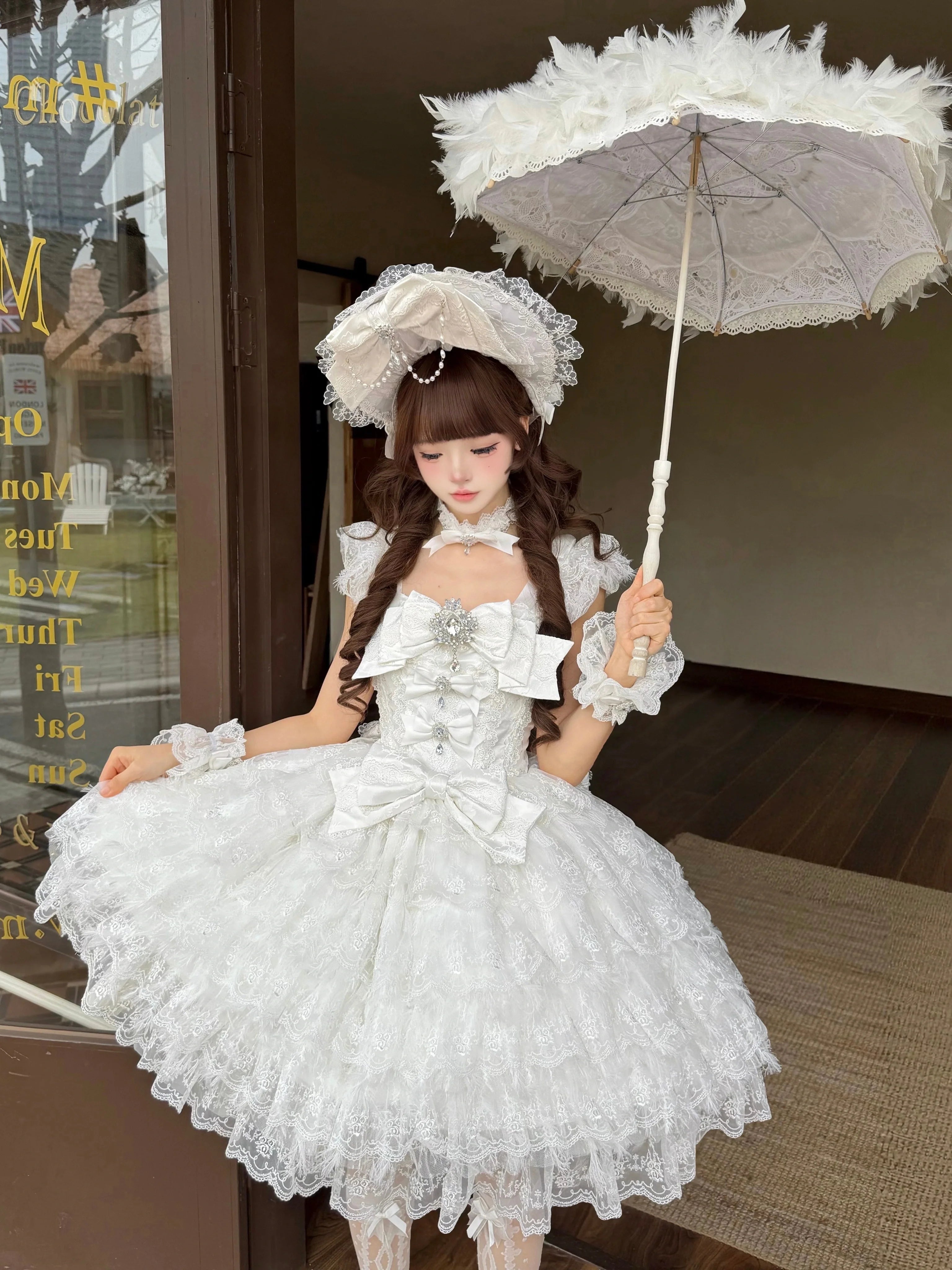 Snow Feather - Wedding Sweet Lolita JSK Dress, Multi-layered Lace Skirt