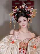 Spark of the Golden Orchid - Gradient Floral Bridal Hair Accessories Light Butterfly Headpiece for Chinese Wedding