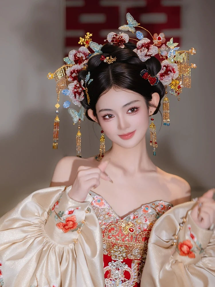 Spark of the Golden Orchid - Gradient Floral Bridal Hair Accessories Light Butterfly Headpiece for Chinese Wedding