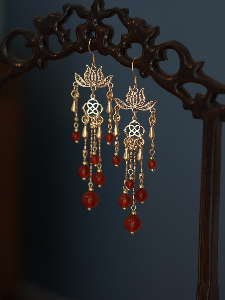 Blooming Lotus Red Agate Bridal Earrings | Hanfu Jewelry