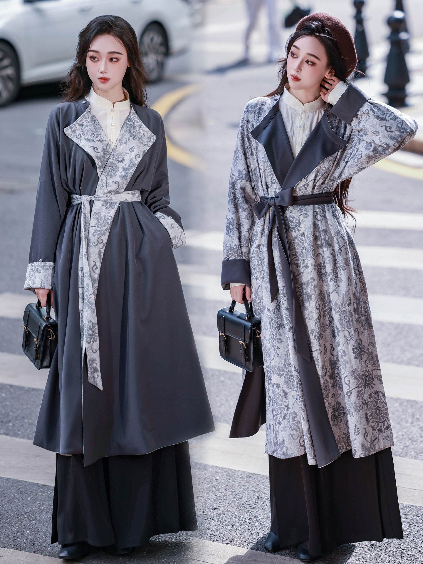 Reversible Hanfu Round Collar Robe with Black-Gray Retro Design - Autumn Rain 秋雨 (Preorder)