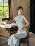 Sleeveless Long Cheongsam in Light Blue | Guigui