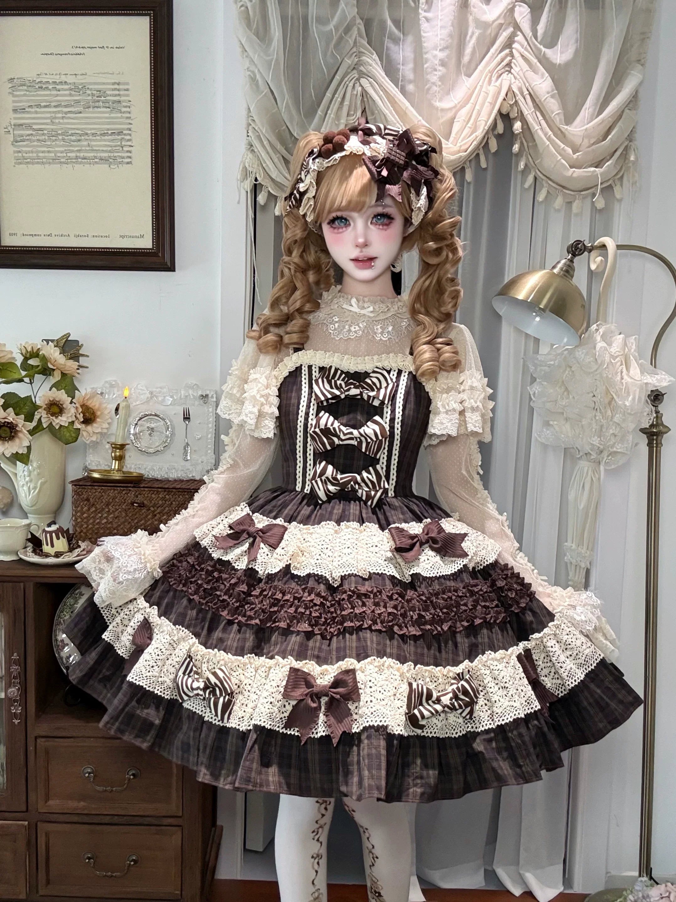 Coco Grace - Plaid Kawaii Lolita JSK Dress, Layered Ruffle & Bow