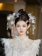 Winter Moonlit Blue Veil - Blue Floral Bridal Hairpin Ancient Style Hair Accessories for Hanfu and Wedding Dress