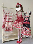 Velvet Strawberry - Sweet Lolita Salopette Dress, Bear & Strawberry Print
