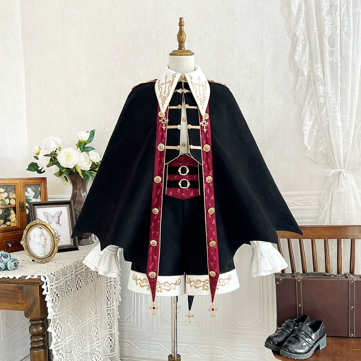 Vampire Youth - Ouji Lolita Bat Shaped Cape Set, Gold Embroidery & Red Accents
