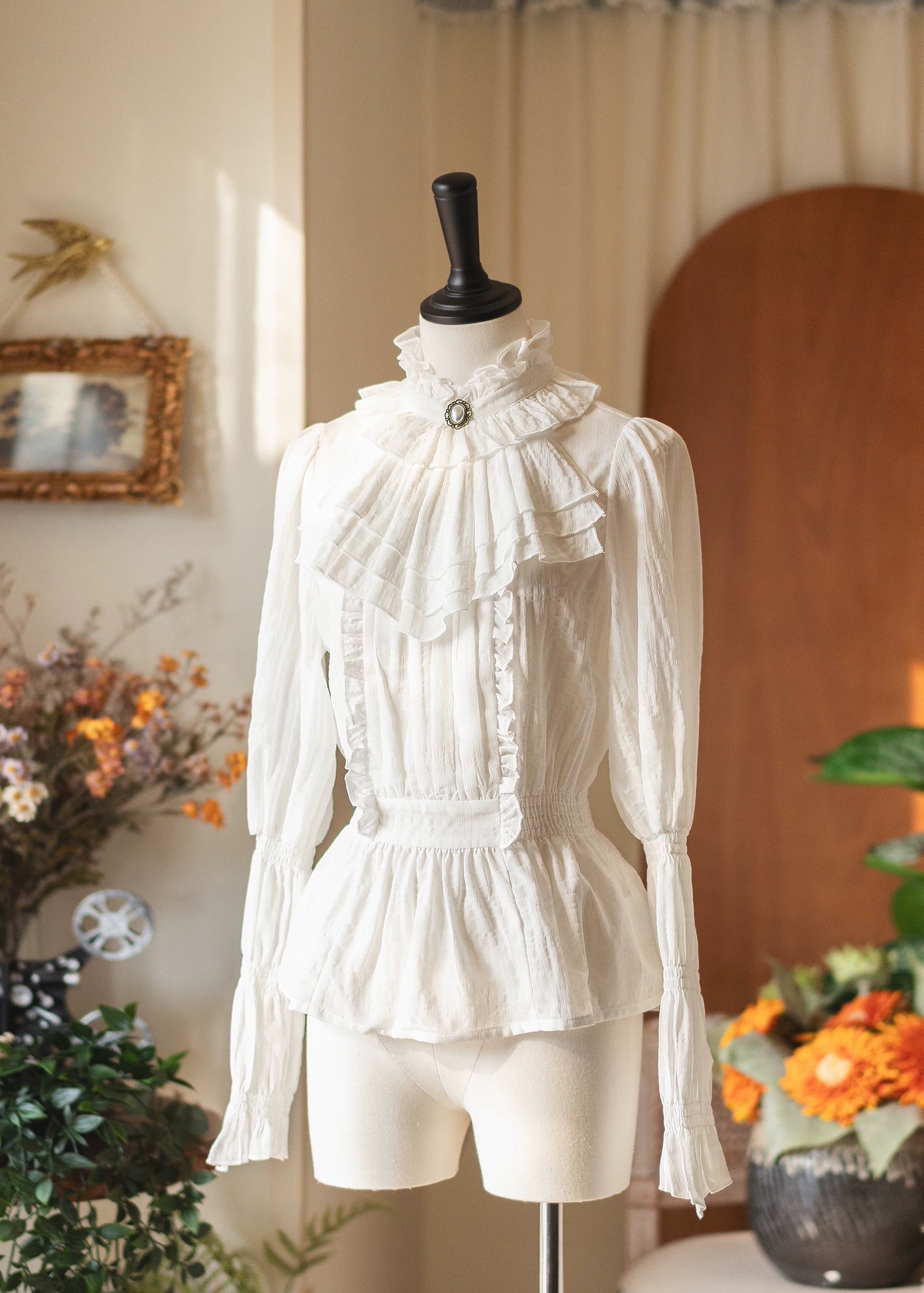 Misty Forest - White Classic Lolita Long Sleeve Blouse, Detachable Jabot