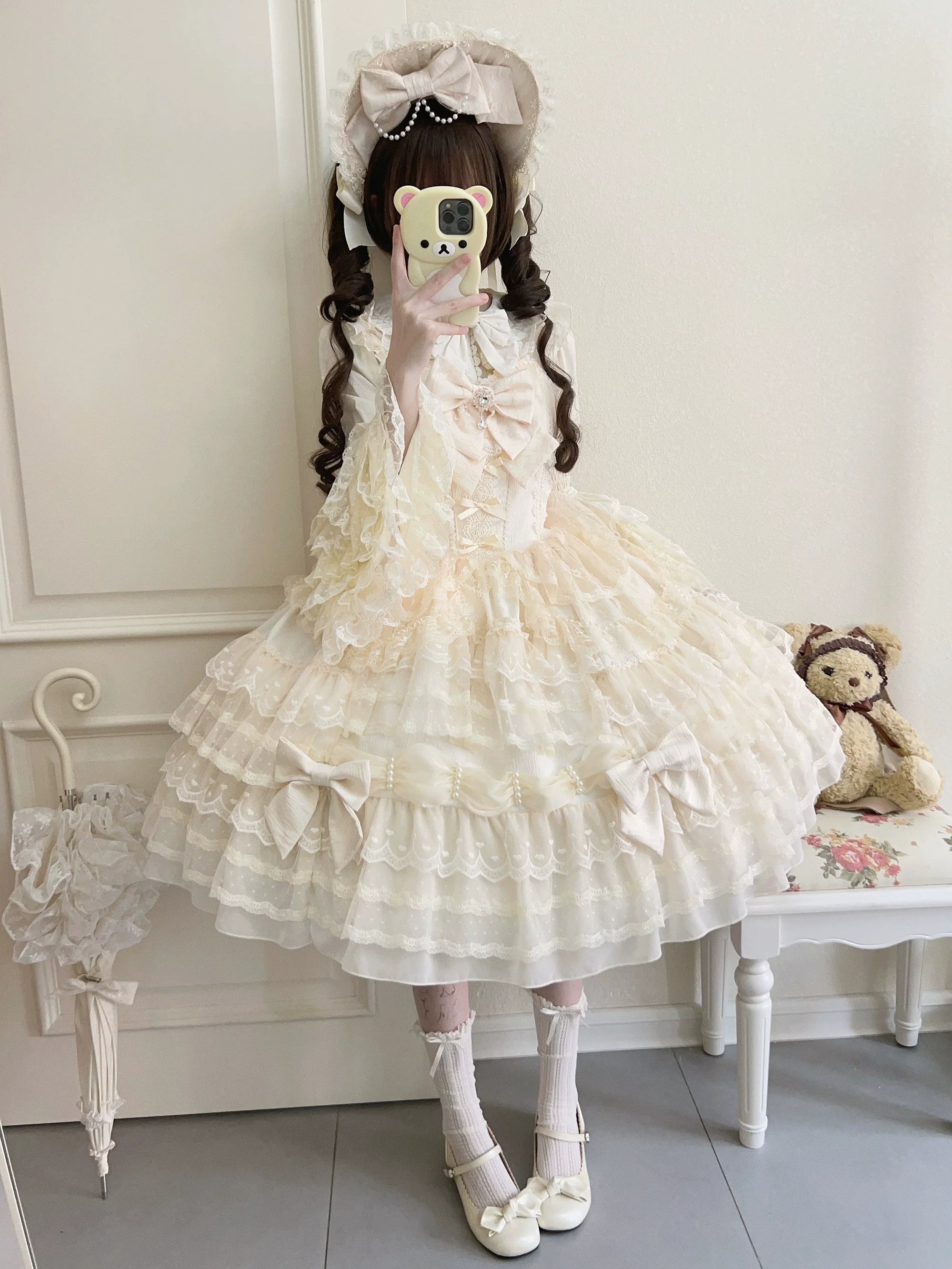 Dream Prelude - Dreamy Princess Lolita JSK Dress Suit, Tiered Lace Black
JSK + Back Trailing Bow S