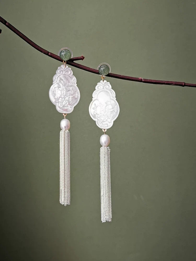 Pearl Agate White Butterfly Shell Earrings | Hanfu Jewelry