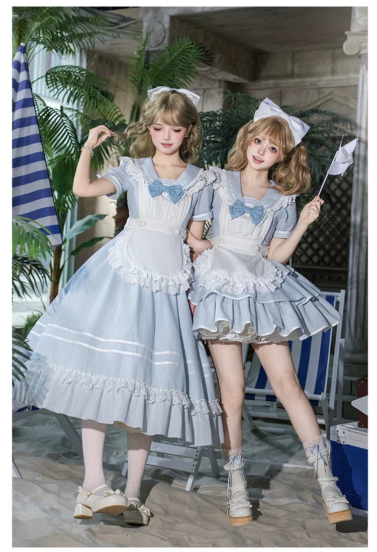 Seven-Day Bell - Blue Classic Lolita Striped OP Dress, Sailor Collar