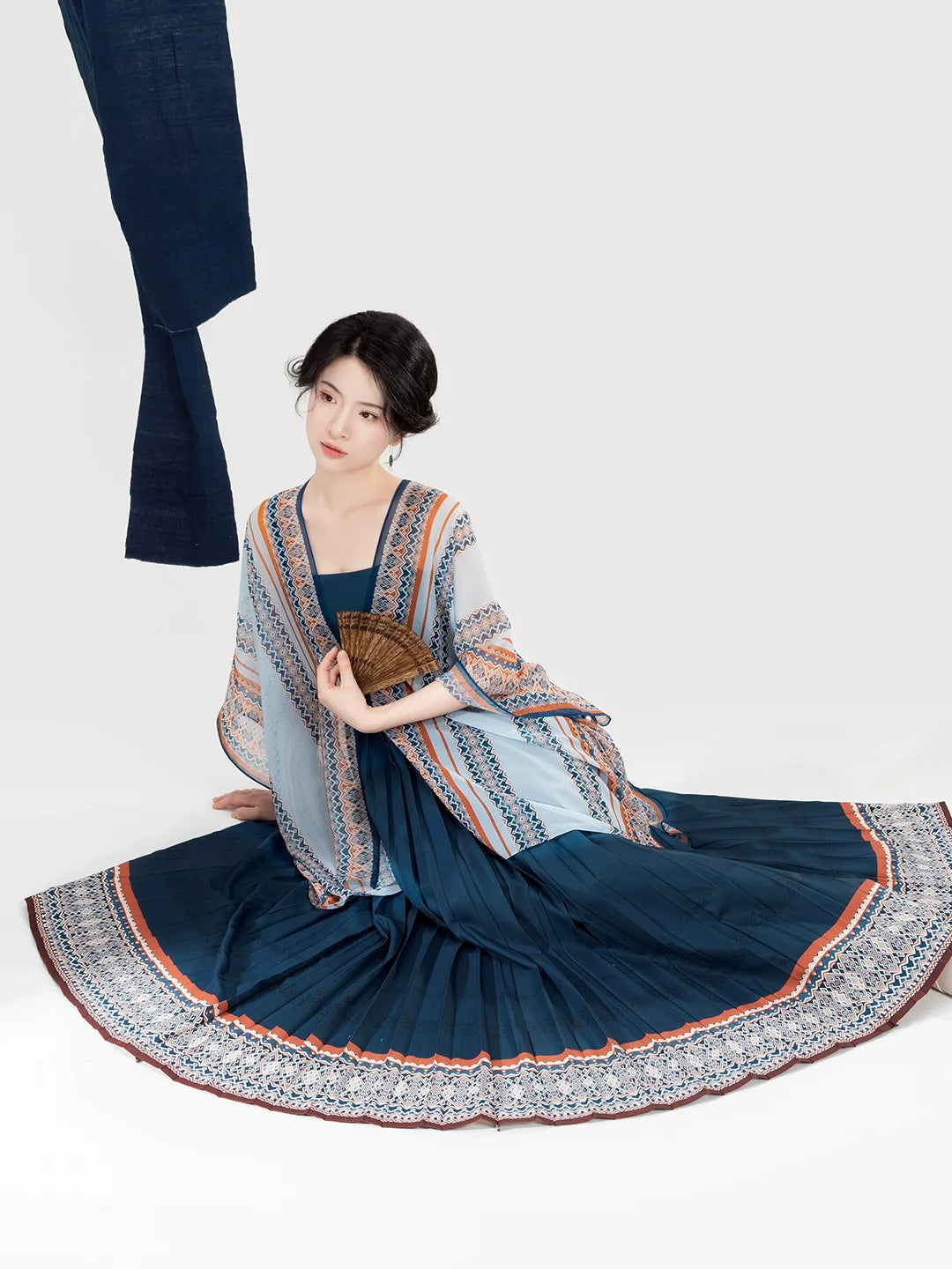 New Chinese Style Women Dong Ethnic Bird-Motif Light Blue Shawl & Pleated Slip Dress - To The Clouds 赴云端 (Preorder)