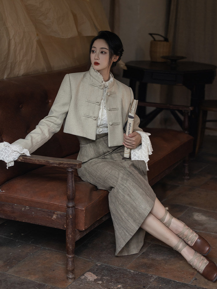New Chinese Style Women Cropped Blazer & Skirt - Twilight 暮色 (Preorder)