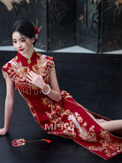 Red Embroidered Bridal Qipao Cheongsam | Biyishuangfei