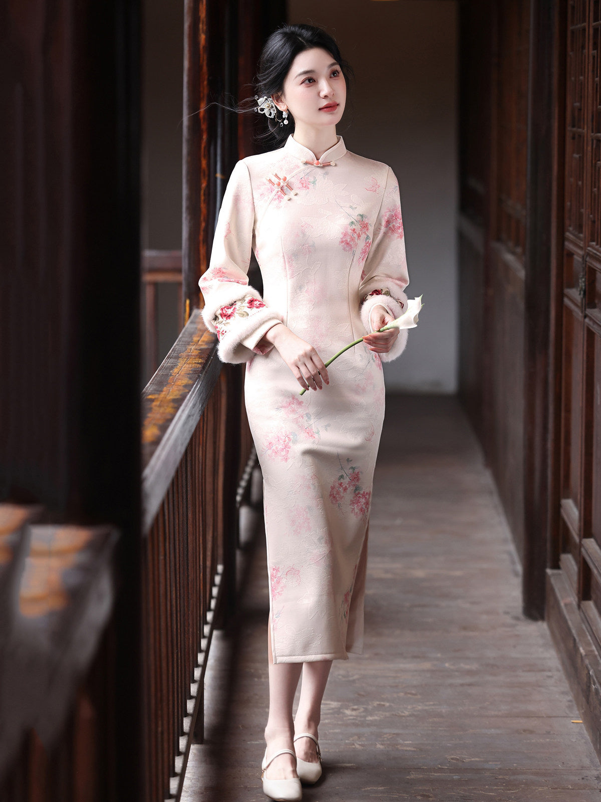 Long Sleeve Fur Trim Soft Pink Floral Qipao | Blush