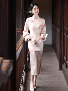 Long Sleeve Fur Trim Soft Pink Floral Qipao | Blush