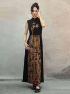 New Chinese Style Retro Bamboo Leaf Calligraphy Print Contrast Cheongsam Dress