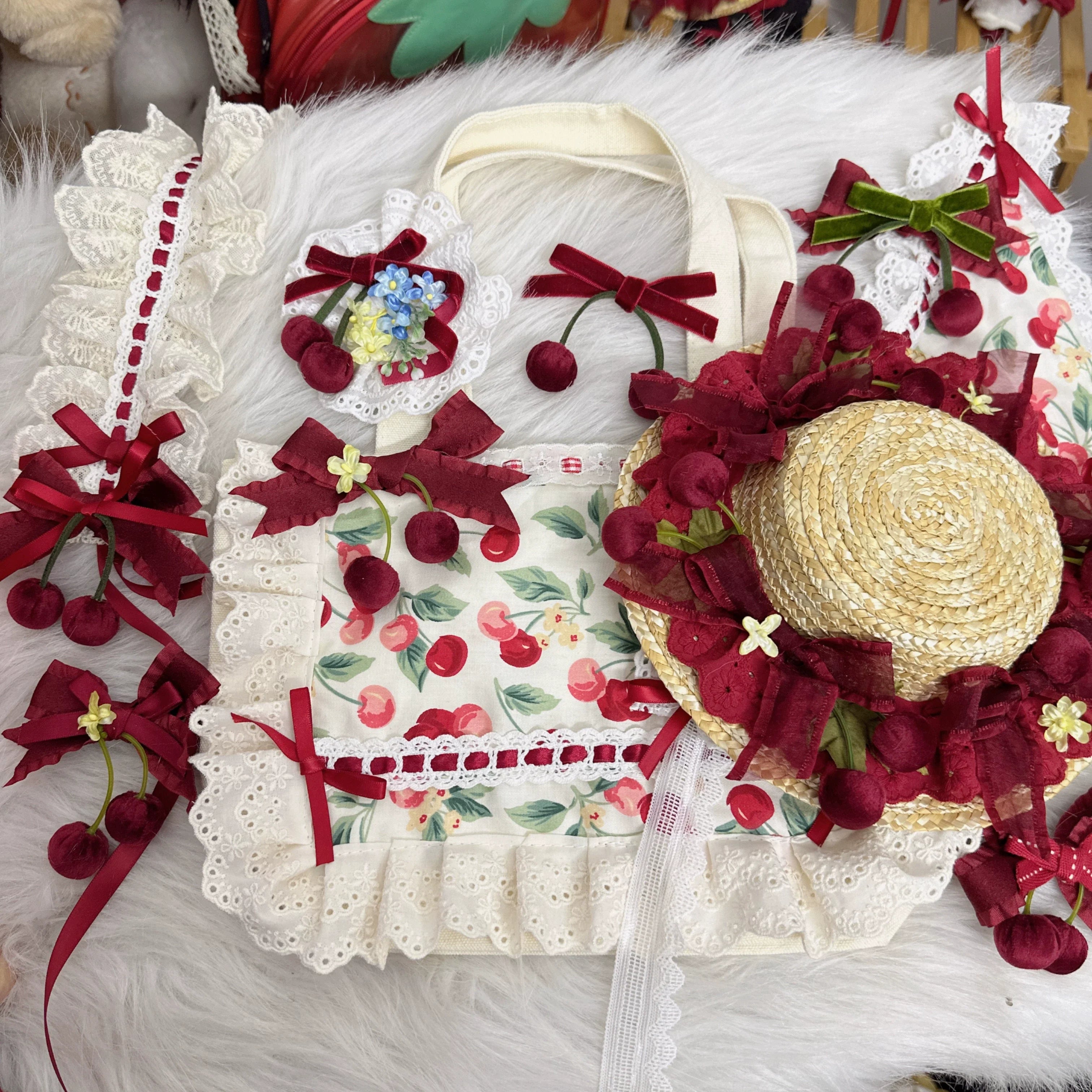 Sweet Lolita Headdress Cherry Hair Clip Straw Hat Necklace Handmade Set