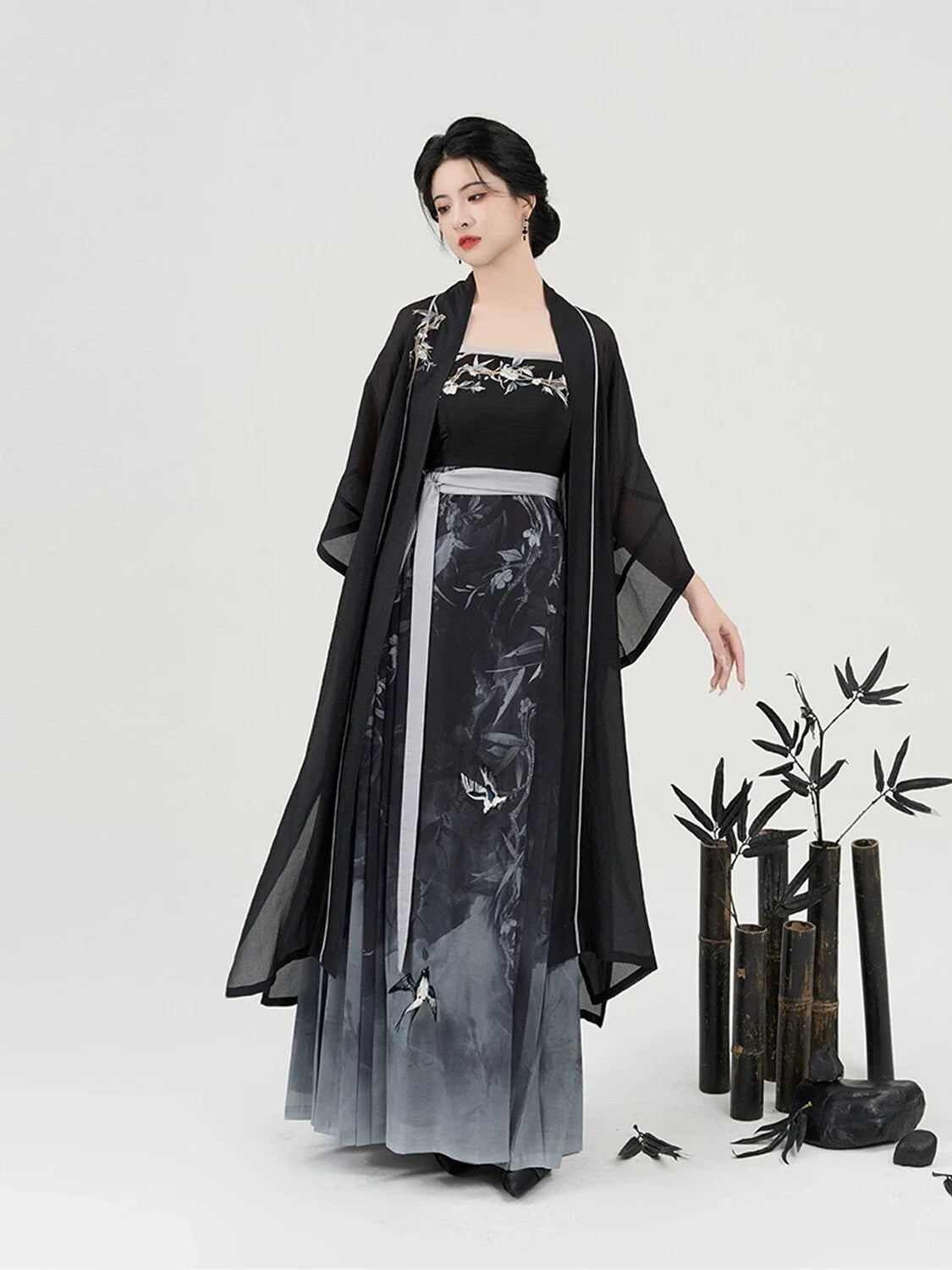 New Chinese Style Women Lightweight Cardigan & Modern Hanfu Dress - Swallow Returns 墨燕春归 (Preorder)
