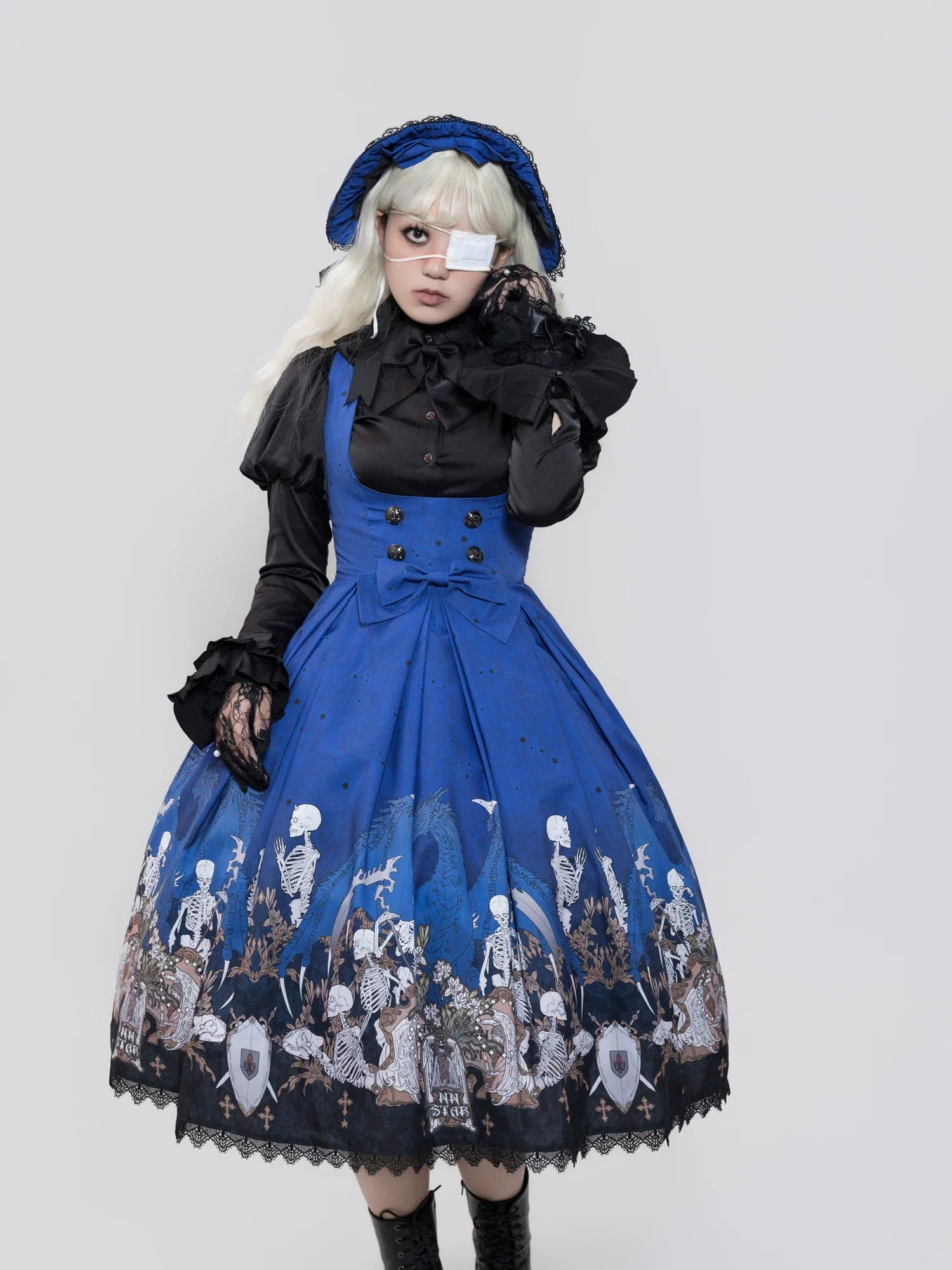 Dragon Bone Lily - Vintage Gothic Lolita Dragon & Skeleton Print JSK Dress