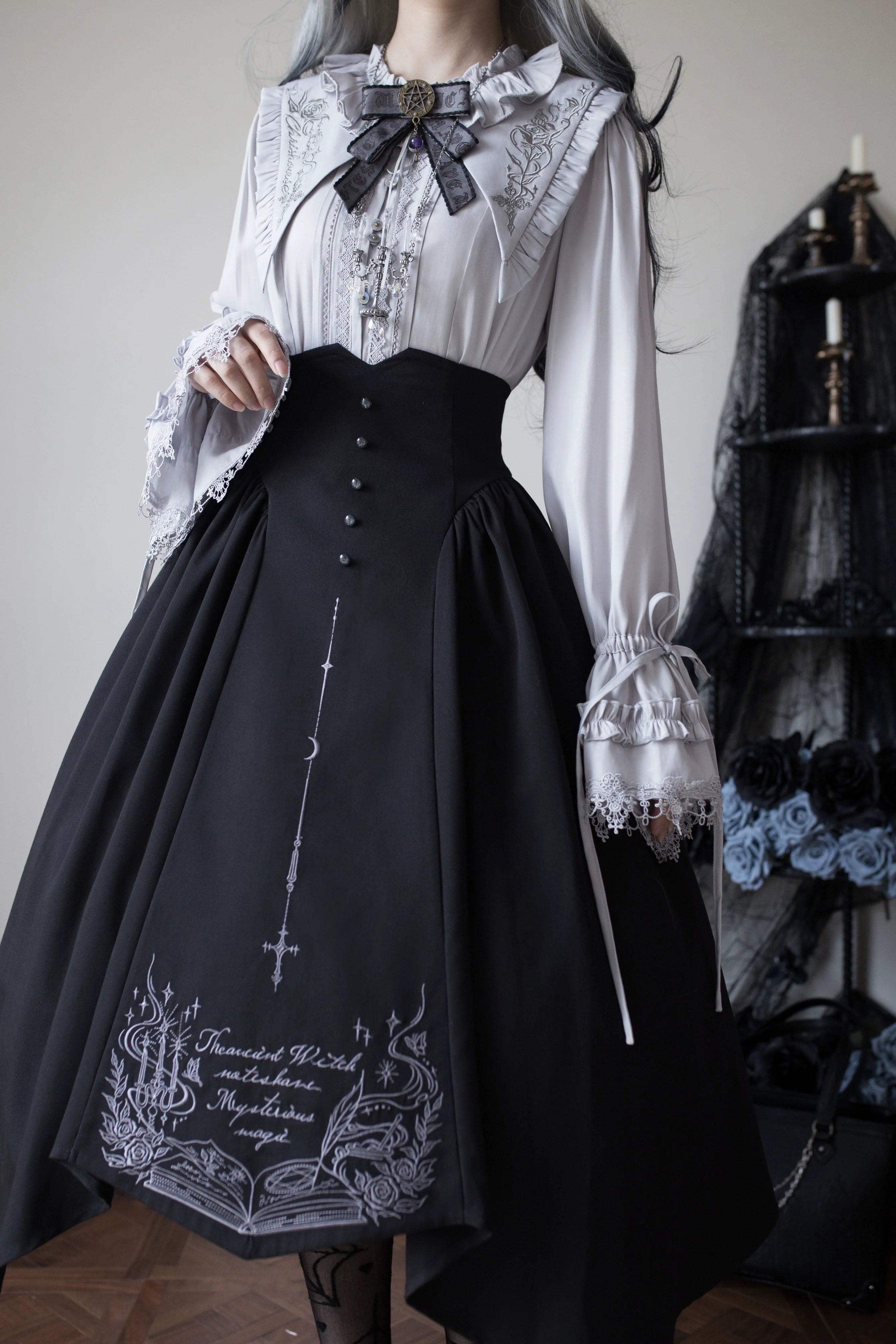 Chris House Lolita - Witch Notes - Gothic Lolita Embroidered Dress Suit, Cross and Rose Print
