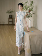 Sleeveless Floral Stripes Long Cheongsam | Shuhua