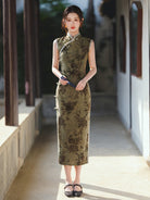Sleeveless High Slit Long Qipao | Rustling Garden