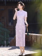 Short Sleeve Butterflies Midi Cheongsam | Lilac
