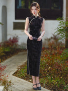 Sleeveless High Slit Long Qipao | Night Garden