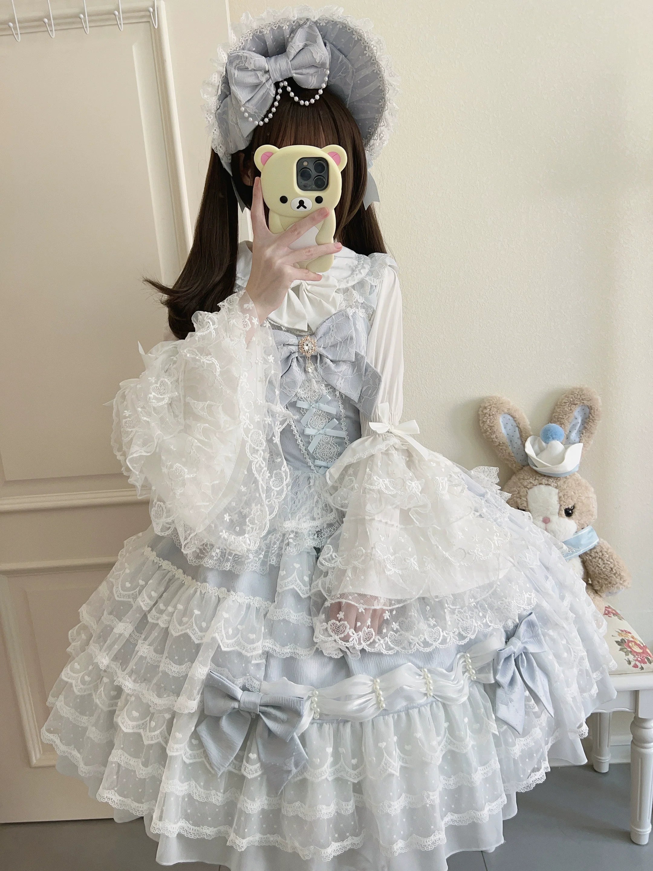 Dream Prelude - Dreamy Princess Lolita JSK Dress Suit, Tiered Lace Black
JSK + Back Trailing Bow S
